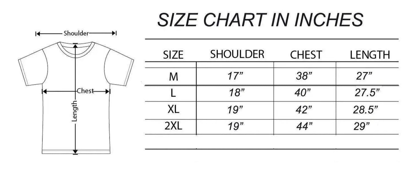 Size chart for shirts in inches with a diagram of a t-shirt on the left.