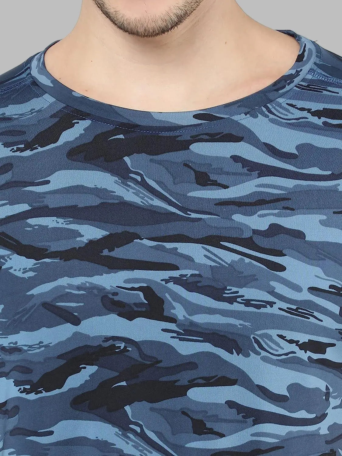 Close-up of a blue camouflage-patterned shirt