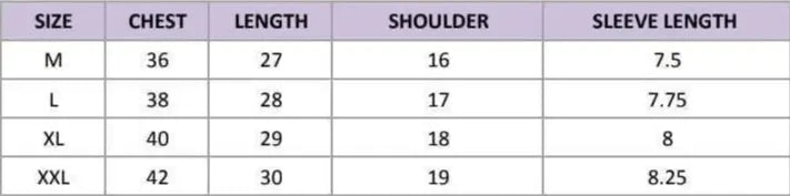 Measurement chart for clothing sizes M, L, XL, and XXL with chest, length, shoulder, and sleeve measurements.