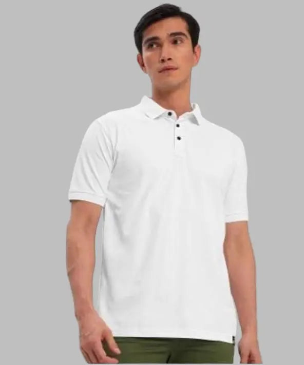 Man wearing a white polo shirt on a white background