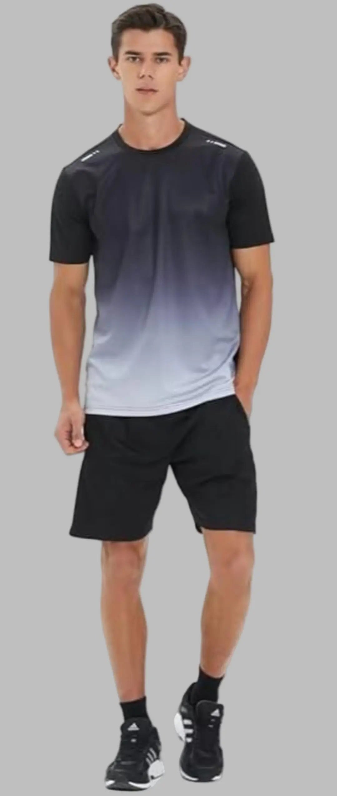 Black and gray gradient sports outfit with shorts on a white background