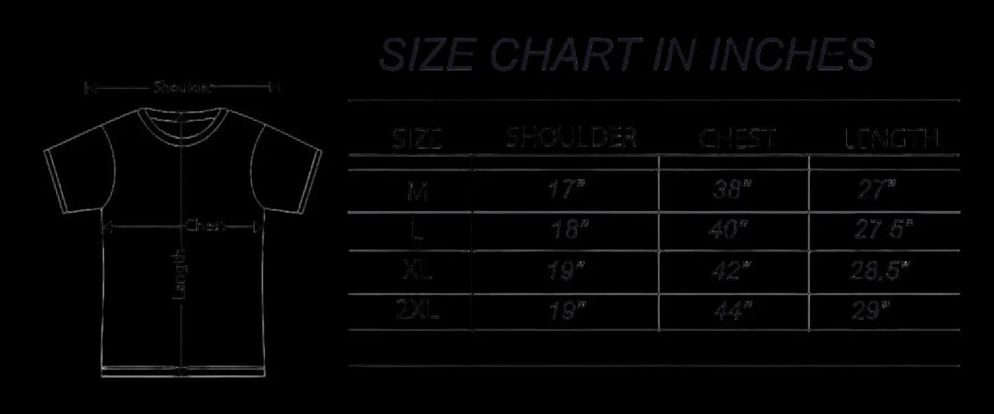 Size chart for shirts in inches with a diagram of a t-shirt on the left.