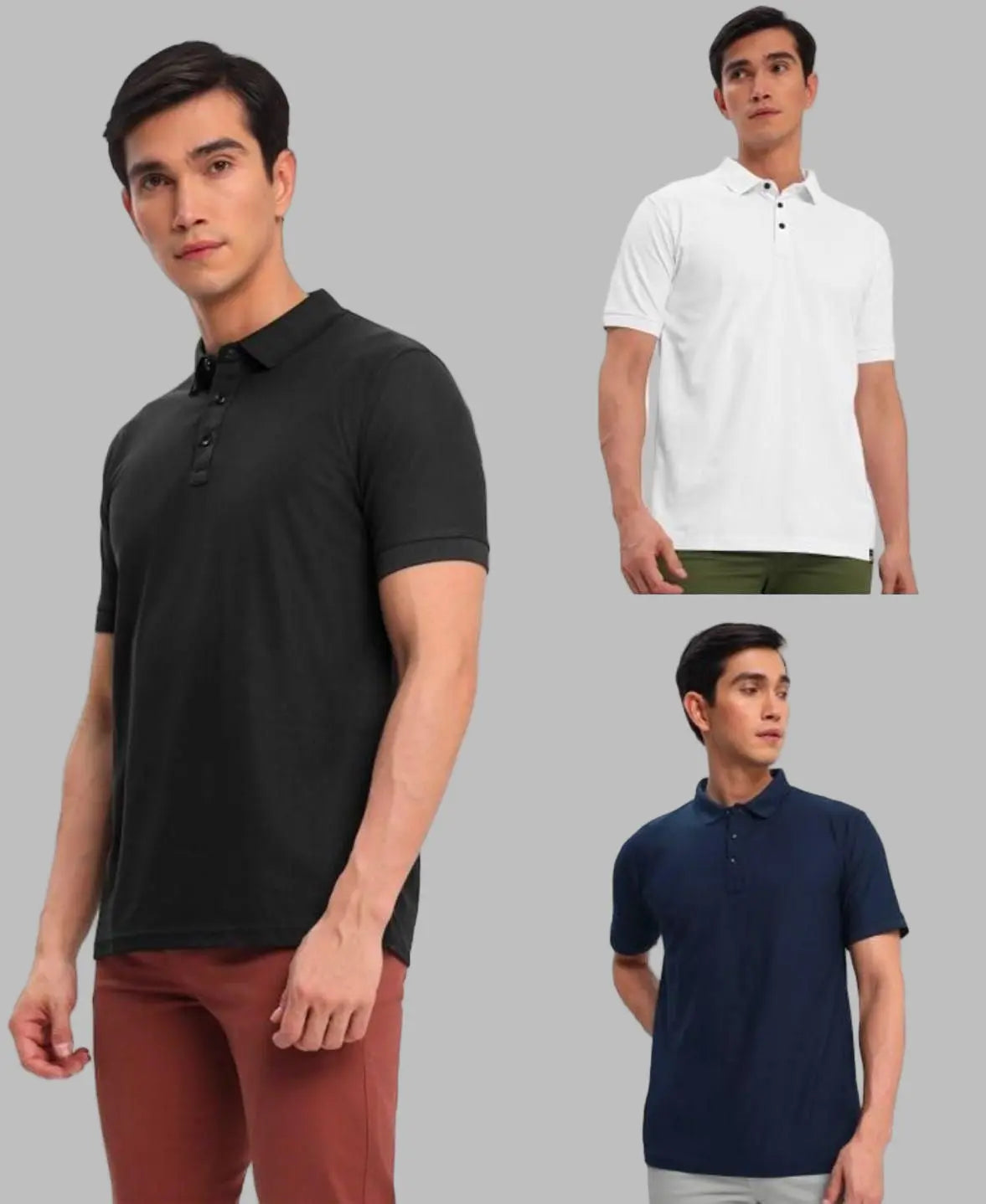 Three men wearing black, white, and navy polo shirts on a white background