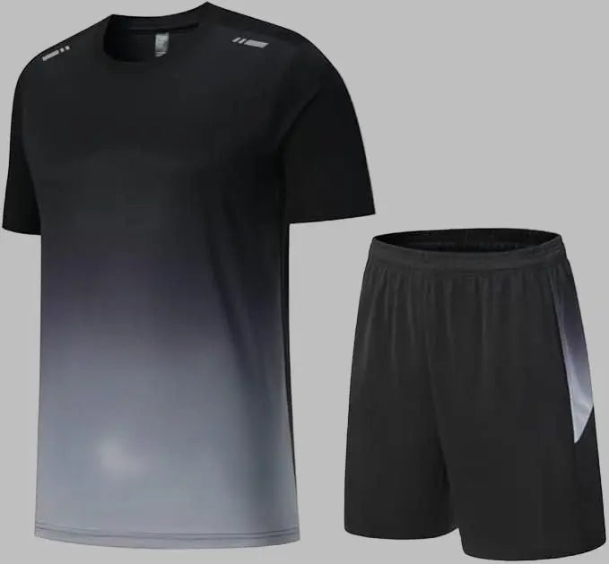 Black and gray gradient t-shirt and black shorts