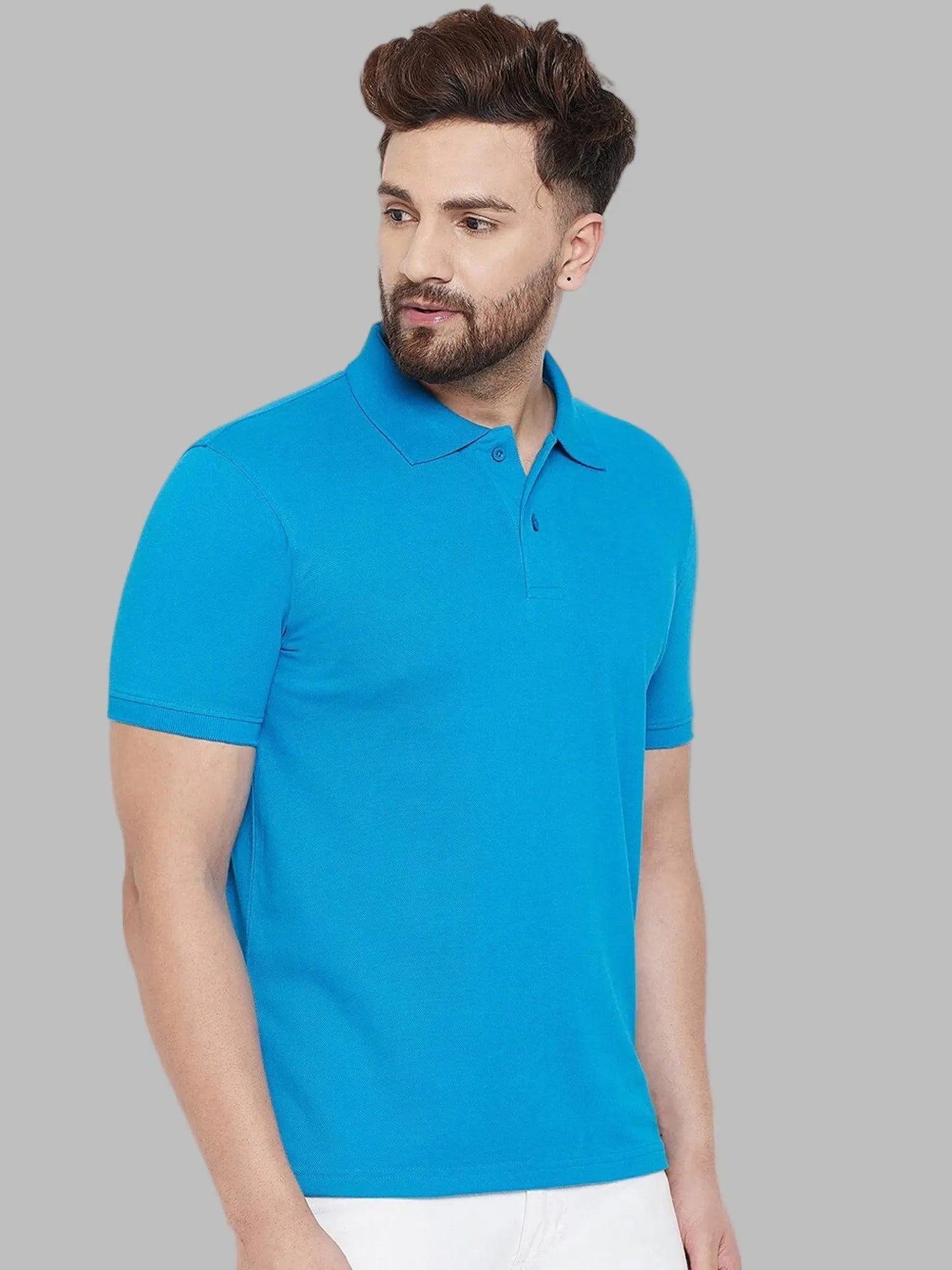 Man wearing a blue polo shirt on a white background