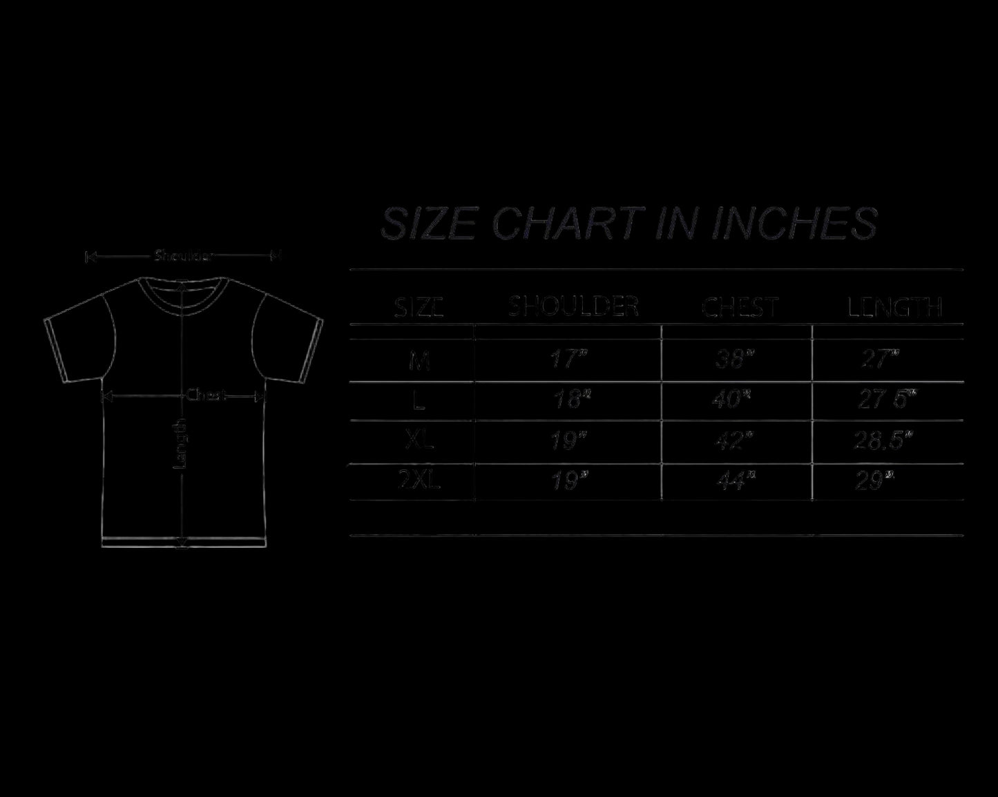Size chart for shirts in inches with a diagram of a t-shirt on the left.