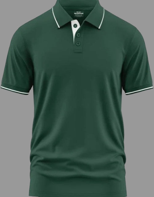 Green polo shirt with white accents on a white background