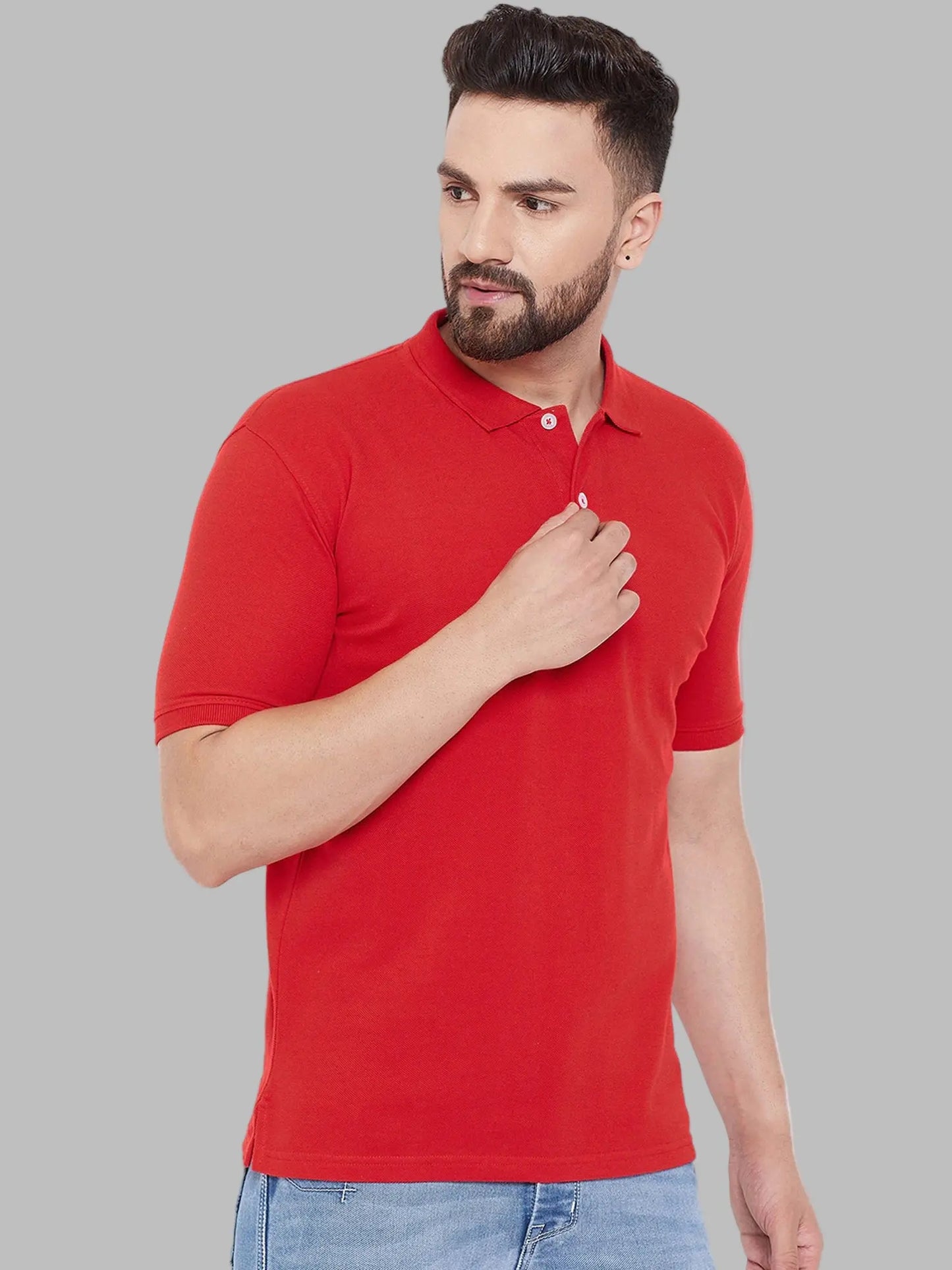Man wearing a red polo shirt