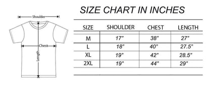Size chart for shirts in inches with a diagram of a t-shirt on the left.