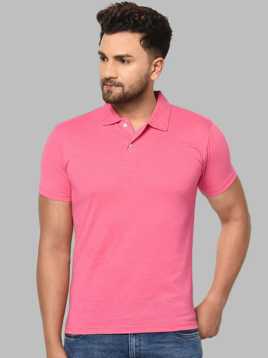Man wearing a pink polo shirt against a white background