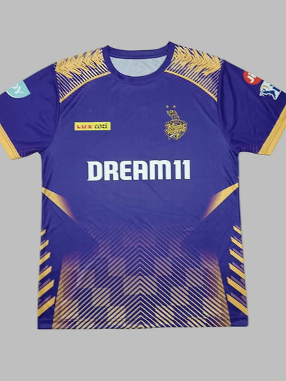 Purple sports jersey with gold accents and 'Dream11' branding on a light gray background