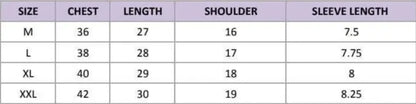 Measurement chart for clothing sizes M, L, XL, and XXL with chest, length, shoulder, and sleeve measurements.
