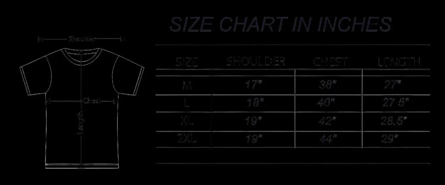 Size chart for shirts in inches with a diagram of a t-shirt on the left.