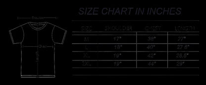 Size chart for shirts in inches with a diagram of a t-shirt on the left.