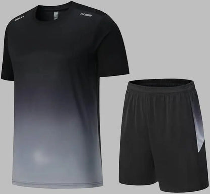 Black and gray gradient t-shirt and black shorts