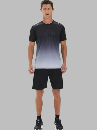 Man black and gray gradient t-shirt and black shorts 