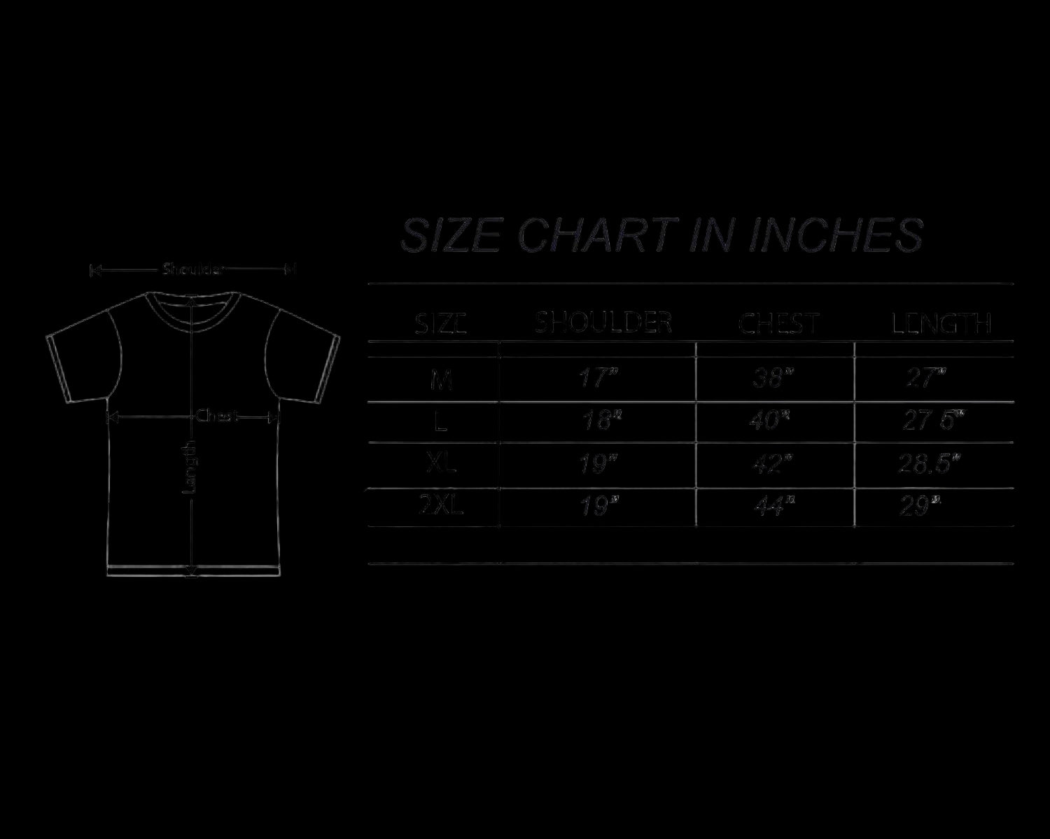 Size chart for shirts in inches with a diagram of a t-shirt on the left.