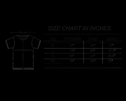Size chart for shirts in inches with a diagram of a t-shirt on the left.