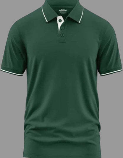 Green polo shirt with white accents on a white background